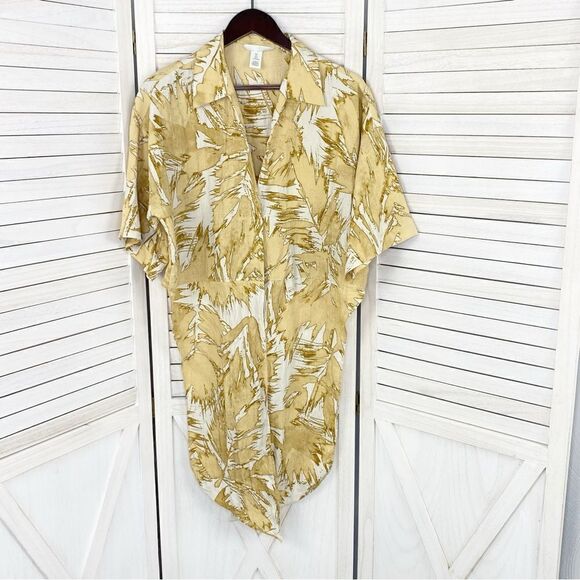 H&M Abstract Leaf Print Tie Front Crop Blouse Tan Cream Large Half Sleeve - Picture 10 of 15